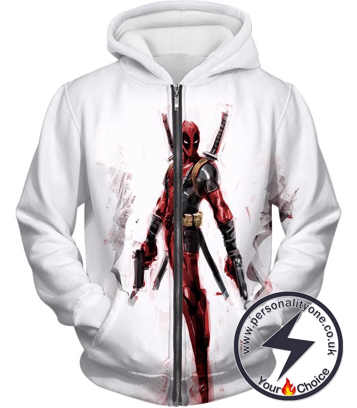 Skilled Mutant Mercenary Deadpool Action White Zip Up Hoodie